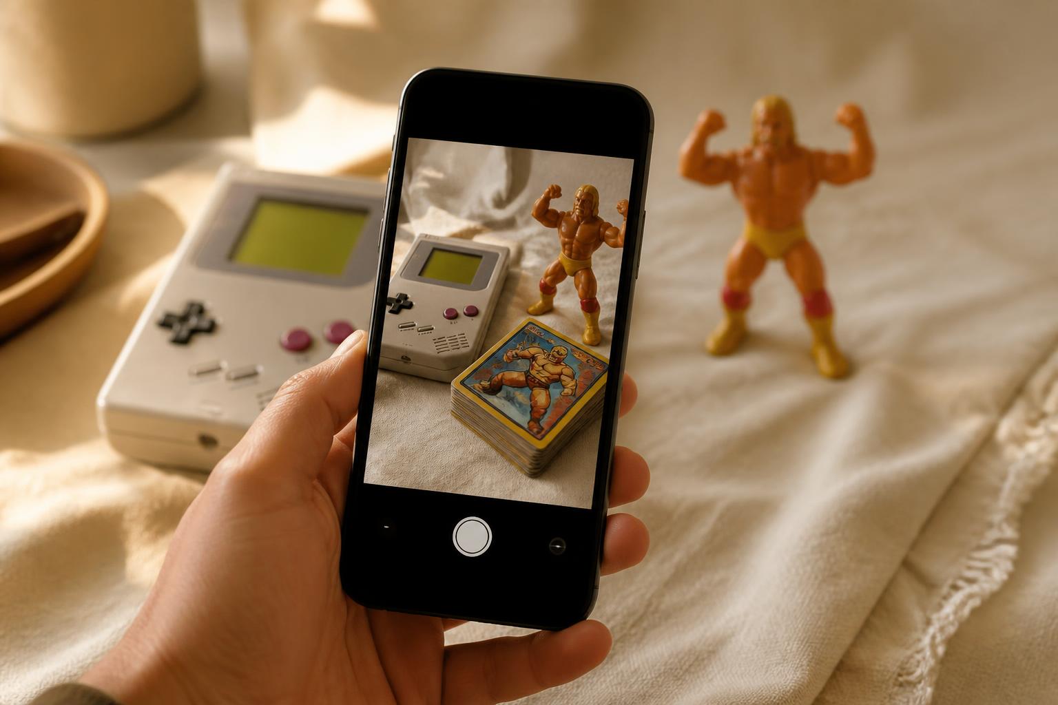 Someone photographing old toys with a phone